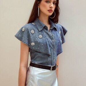 Denim Pearl-Embellished Cap-Sleeve Blouse - Blue